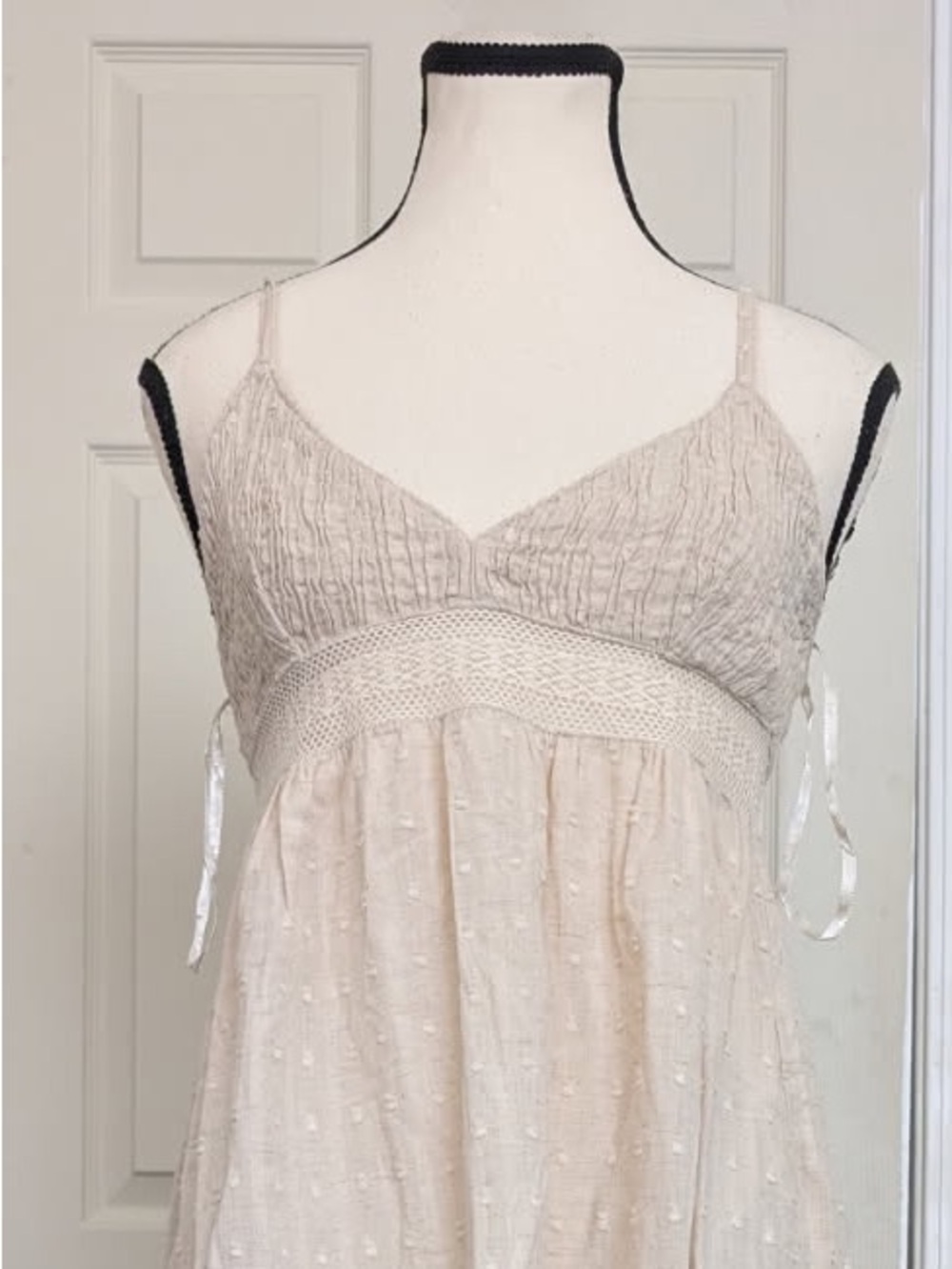 Smocked-Neck Beige Maxi Dress with Tiered Hem